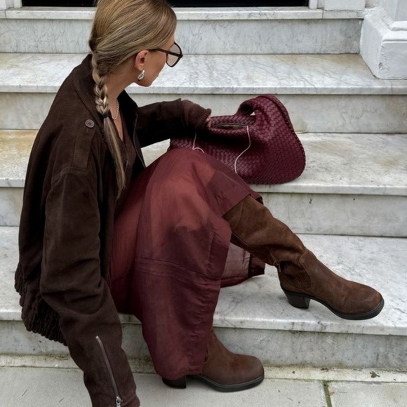 70’s Shearling Suede Boots Calf Height Fitted Vintage Chunky Lined Insulated - Picture 2 of 11